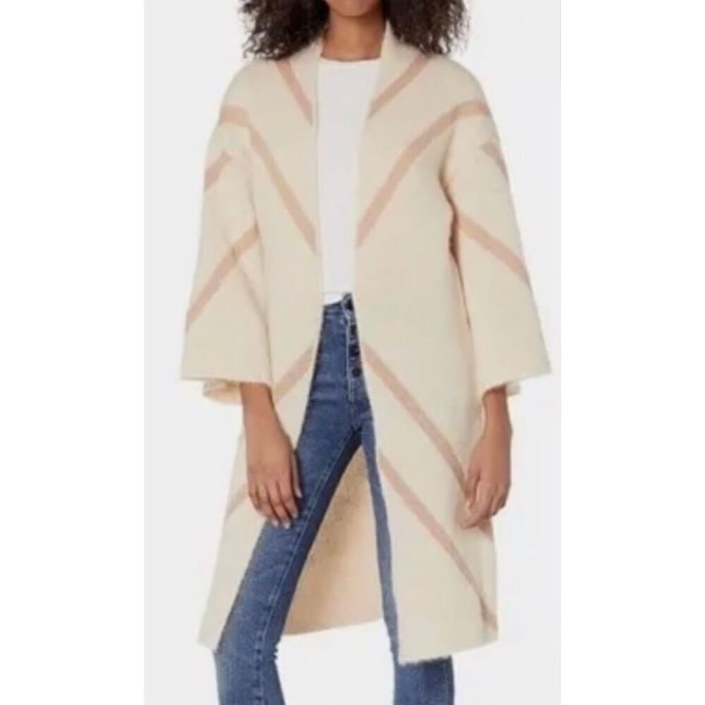 Steve Madden Beige Striped Open Front Cardigan Sweater Duster Fall Cozy Winter - Picture 4 of 12